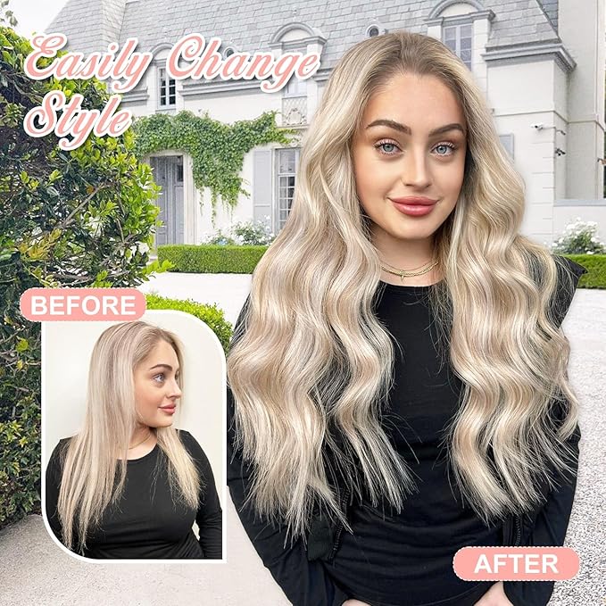 ALXNAN Clip in Long Wavy Synthetic Hair Extension 20 Inch Ash Blonde Mix Highlights 4PCS Thick Hairpieces Fiber Double Weft Hair for Women