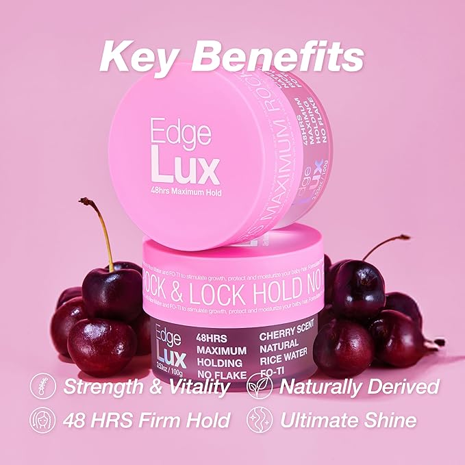 Edge Lux Cherry Edge Control Gel with Castor Oil, Keratin, Biotin, and Olive Oil - 48 Hour Maximum Hold, Non-Flaking, Non-Greasy, Scented, Conditioning Styling Gel for All Hair Types, 1 Ounce