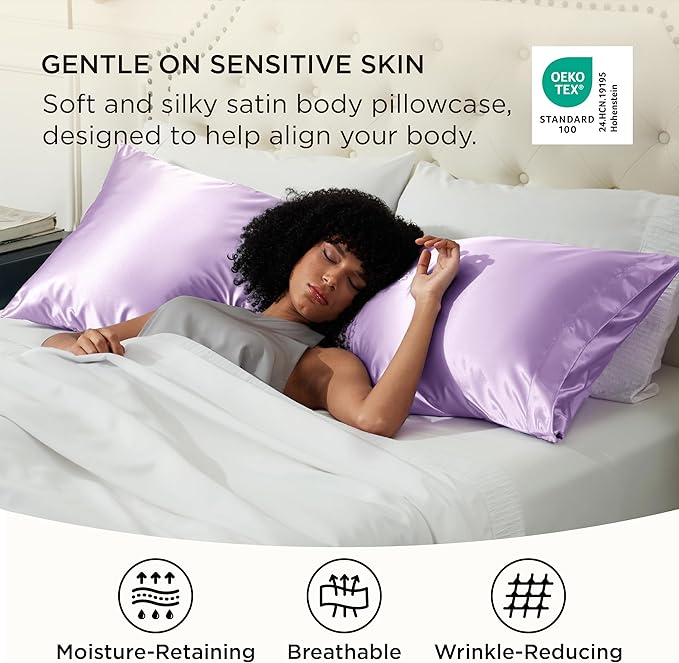 Bedsure Body Pillow Cover 20x54 Inches - Lavender Satin Similar to Silk Pillowcase for Hair and Skin, Cooling and Silky Long Body Pillow Pillowcase with Envelope Closure, Gifts for Women Men