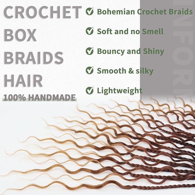 14 Inch Boho Crochet Braids 7Packs Goddess Box Braids Crochet Hair for Women Pre Looped Bohemian Hippie Braiding Hair Extensions, 1B/30/27