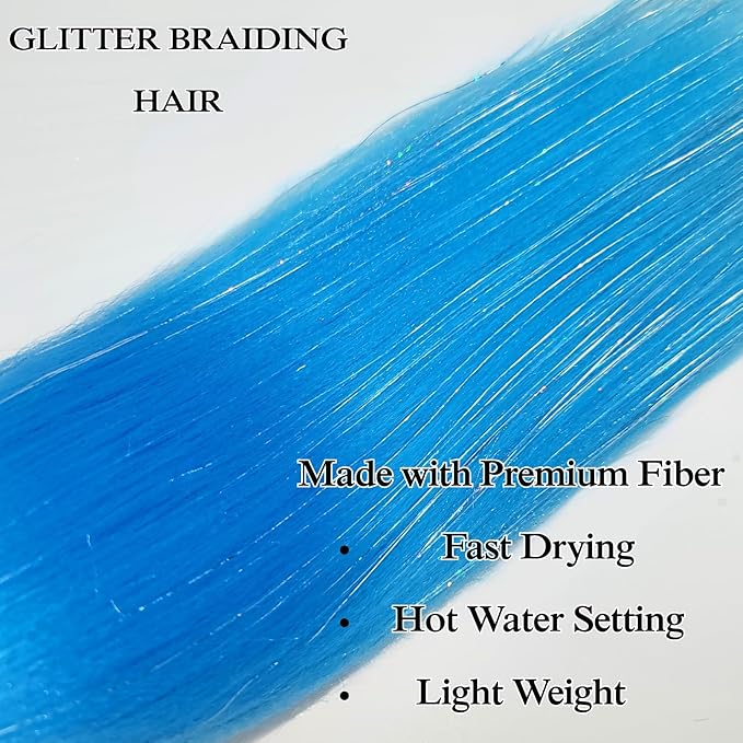 Neon Blue Tinsel Kids Braiding Hair Pre stretched Hypoallergenic Braiding Hair for Glitter Braids Festival Braids Cosplay