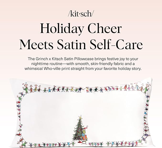 The Grinch x Kitsch Satin Pillowcase with Zipper for Hair & Skin - Softer Than Silk Pillow Cases, Smooth Cooling Pillow Cover, Wrinkle-Free, Machine Washable, King Size (19x36) - Who-Ville