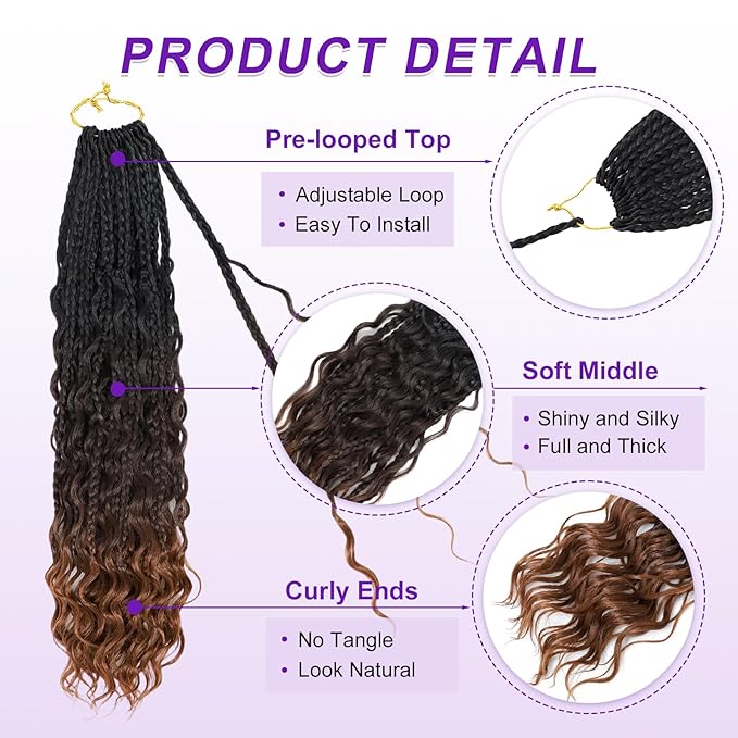 Eacia Goddess Box Braids Crochet Hair 18 Inch 7 Packs Pre Looped Goddess Box Braid Crochet Hair Extensions with Curly Ends Boho Braids for Women(18 Inch, T1B/4/30#)