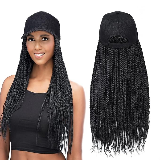 Hat Wig for Women Baseball Cap with Braided Hair Attached Synthetic Box Braid Wig Hat Adjustable Black Cap with Black Braids for Daily Outdoor Use