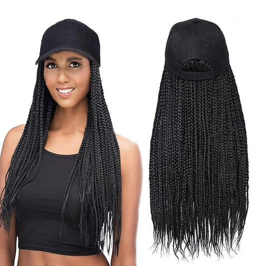Hat Wig for Women Baseball Cap with Braided Hair Attached Synthetic Box Braid Wig Hat Adjustable Black Cap with Black Braids for Daily Outdoor Use