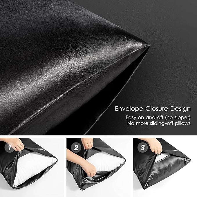 Satin Pillowcase Set - 2 Black Queen Size Pillowcases, 1 Eye Mask, 1 Scrunchie - Premium Silky Satin for Hair and Skin Protection, Hydrating and Reducing Friction
