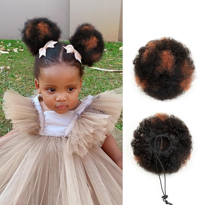 Kids Small Afro Puff Human Hair Ponytail for Baby Black Women Short Kinky Curly Ponytail Extension African American Drawstring Ponytail Fake Hair Puff Buns 4c Natural Black Mix Copper Red 4 Inch 30g
