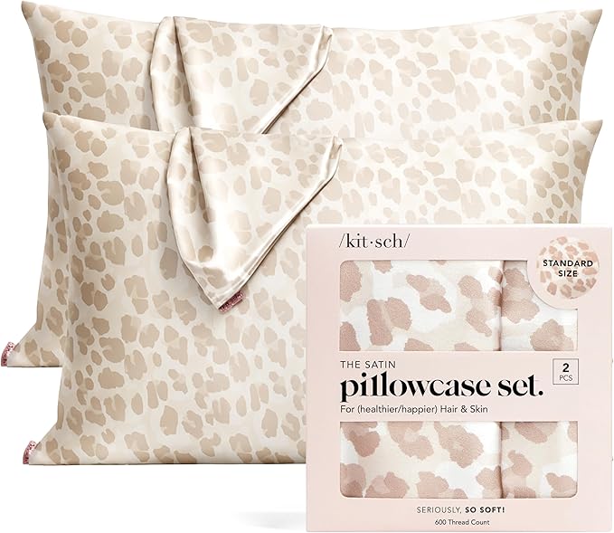 Kitsch Satin Pillowcase with Zipper for Hair & Skin, Softer Than Silk Pillow Cases Queen, Wrinkle-Free, Smooth and Cooling Satin Pillow Covers, Standard Size 19"x26", Leopard, 2pcs