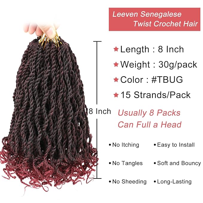 Leeven 8 Inch Burgundy Senegalese Twist with Curly Ends 8 Packs Ombre Red Hanava Twist Crochet Hair Pre Twisted Short Kinky Twsit Pre Looped Synthetic Crochet Braids for Women Kids
