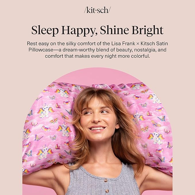 Kitsch x Lisa Frank Satin Pillowcase with Zipper for Hair & Skin, Softer Than Silk Pillow Cases, Wrinkle-Free, Smooth and Cooling Satin Pillow Covers, King Size (19x36) - Angel Kitty
