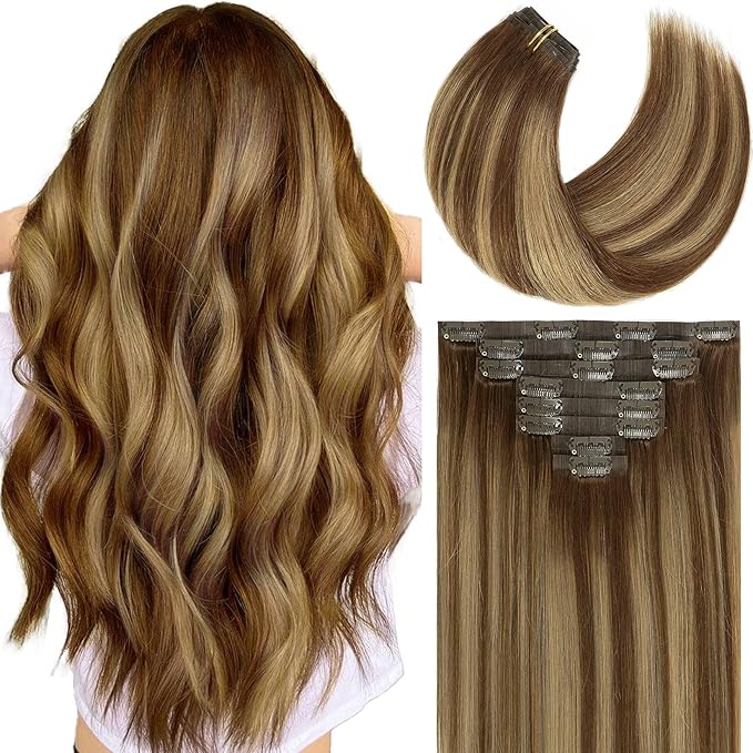 Caliee Balayage Clip in Hair Extensions Real Human Hair Fluffy Not Tangled Seamless Hair Extensions Clip in Human Hair 20 Inch 115G 8 Pcs R4-4/27 Chocolate Brown to Caramel Blonde Hair