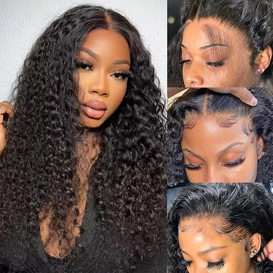SENSAIRUITE Deep Wave Lace Front Wigs Human Hair 180% Density Curly Lace Front Wig Human Hair 13x4 HD Transparent Glueless Lace Frontal Wigs Pre Plucked Natural Black 22 Inch
