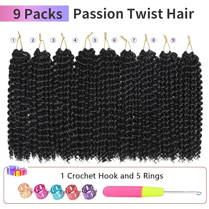 Passion Twist Crochet Hair for Women Black Color 9 Packs 10 Inch Water Wave Short Twist Crochet Hair Curly Pre-looped Braiding Hair Extensions For Butterfly Locs Braids