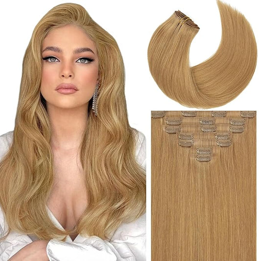 Caliee Seamless Hair Extensions Clip in Human Hair PU Skin Weft Full Head Natural Real Hair Not Tangled 16Inch 7Pcs Thick Remy Hair Color 27 Caramel Blonde Clip in Hair Extensions 110G