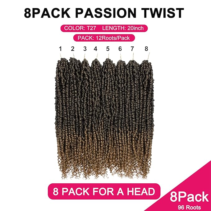 Passion Twist Hair - 8 Packs 20 Inch Passion Twist Crochet Hair For Women, Crochet Pretwisted Curly Hair Passion Twists Synthetic Braiding Hair Extensions (20 Inch 8 Packs, T27)