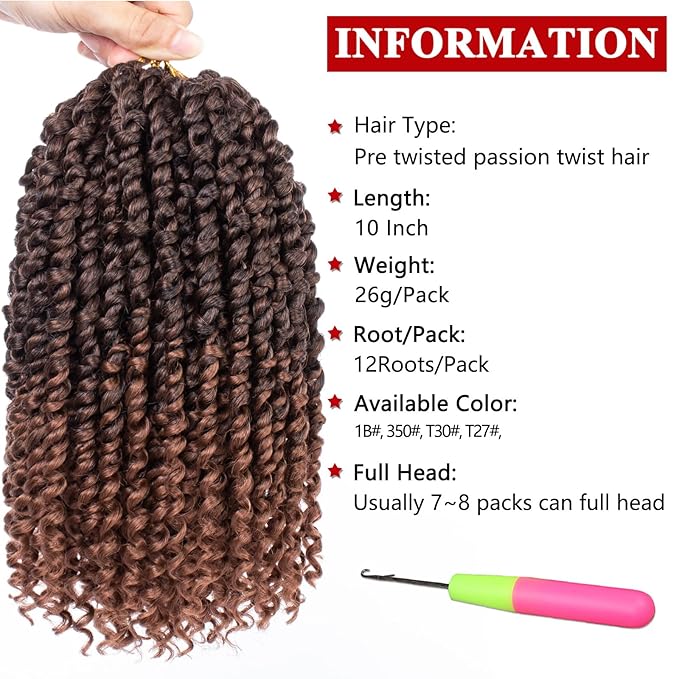 Xtrend 8 Packs Passion Twist Crochet Hair 10 Inch Pre Twisted Natural Passion Twist Hair, Pre Looped Crochet Braids Hair For Women Bohemian Synthetic Passion Braiding Hair Extension (8packs, T30#)