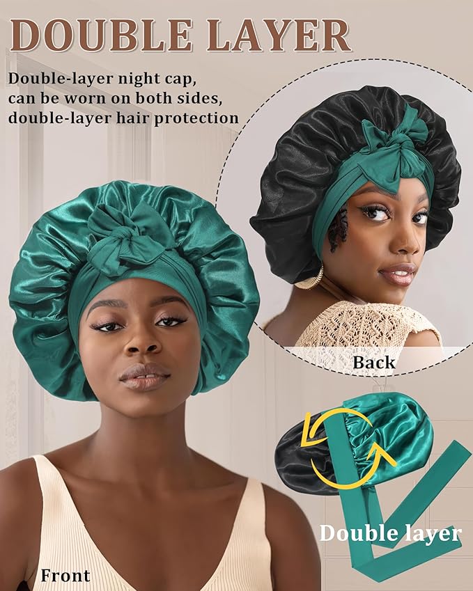 Reversible Satin Bonnet for Sleeping Women Double Layer Hair Bonnet with 2PCS Hair Scrunchies Elastic Tie Band Night Cap