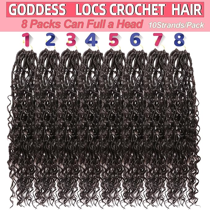 Goddess Locs Crochet Hair-18 Inch 8 Packs Boho Faux Locs Crochet Hair for Black Women Pre Looped Soft Locs with Curly Ends (#2, 18 Inch(Pack of 8))
