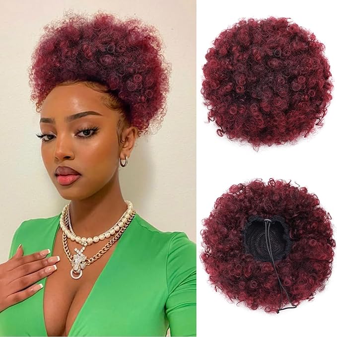 Afro Puff Drawstring Ponytail Synthetic Large Size Afro Kinkys Curly Afro Bun Extension Ombre Burgundy Hairpieces Updo Hair Extensions for Women Girls(1B/BUG#)