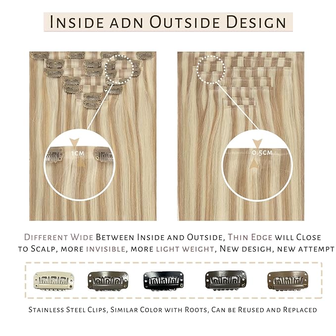 Caliee 14Inch Seamless Clip in Hair Extensions Human Hair Full Head P8-60A Light Brown Highlights Platinum Blonde Clip in Hair Extensions 7Pcs 110G Real Human Hair for Thin Hair