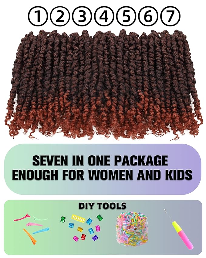 Pre-Twisted Passion Twist Crochet Hair for Black Women Passion Twist Hair Pre Looped Bohemian Braids 10 Inch 7 Packs Ombre Ginger Short Bob Curly Braiding Hair Extensions(10"-7P,T1B/350)