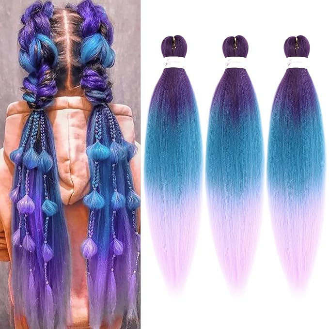 Dorsanee 3 Tone Braiding Hair Pre Stretched 24 Inch 3 Packs Braiding Hair Extensions for Box Braids Twists Locs Hair Soft Yaki Texture Hot Water Setting (#Purple/Lake Blue/Light Purple)