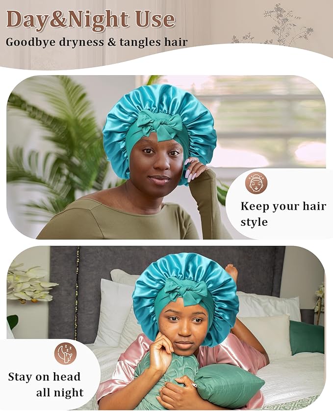 Reversible Satin Bonnet for Sleeping Women Double Layer Hair Bonnet with 2PCS Hair Scrunchies Elastic Tie Band Night Cap