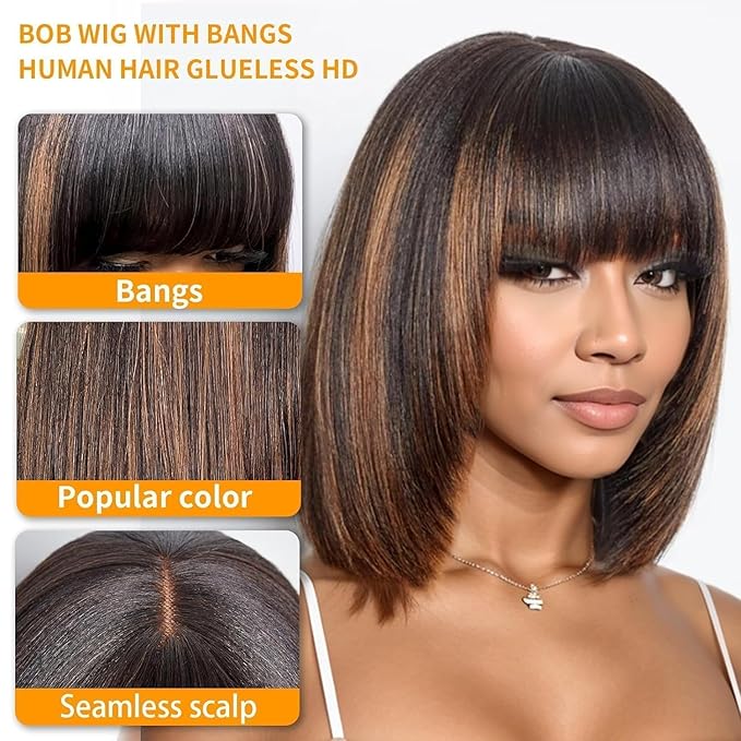 UMEGOOD Bob Wig Human Hair with Bangs Glueless 2.5x1 HD Lace Colsure Wigs Human,Yaki Bob Wig with Brown Highlights, Ready to Go Short Wigs For Women Beginner Friendly 16 Inch
