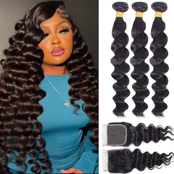 Loose Wave Bundles Human Hair with Closure (24 26 28+22) 12A Brazilian Virgin Human Hair Loose Deep Wave 3 Bundles with 4x4 Closure Natural Color 100% Unprocessed Human Hair Extension