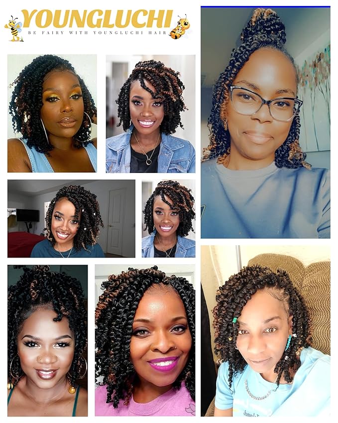 6 Inch 8 Packs Mixed Colors Combo Pack,Pre Looped Pretwisted Passion Twist Crochet Hair For Women-Super Short Crochet Hair Extensions Braided by Synthetic Spring Kinky Twist Bohemian Curls(1B+T30)