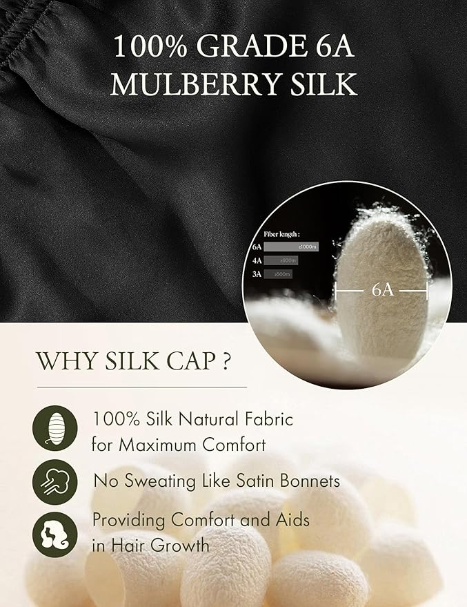 LilySilk Extra Long Silk Bonnet Sleep Cap for Women Soft Adjustable Hair Bonnet for Braids,Curly,Long Hair- Soft Elastic Band, Black