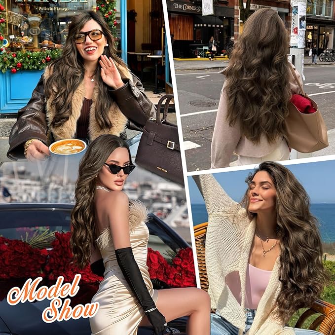 ALXNAN Clip in Hair Extensions for Women,Chocolate Brown with Dark Brown Long Wavy Hair Extensions Clip Ins 4PCS 24 Inch Synthetic Soft and Natural Thick Hair Pieces for Women