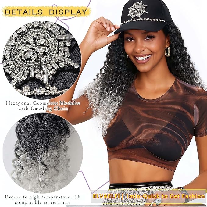 Hat with Gogo Curl Crochet Hair, 16-Inch Synthetic Long Grey Wig for Women, Ombre Gray Baseball Cap Wig