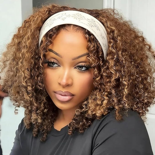 XSY Headband Wig Human Hair Kinky Curly Highlight Ombre P2/30# Headband Wigs for Black Women Curly Wig Wear and Go 150% Density 18 Inch