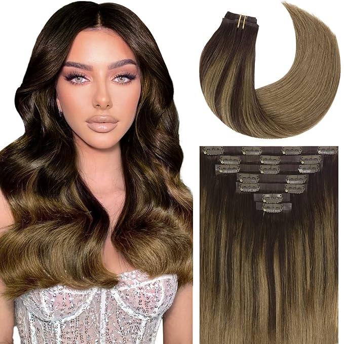 Caliee 22 Inch Seamless Hair Extensions Human Hair B2/6 Dark Brown Fading to Chestnut Brown Ombre Clip in Hair Extensions Real Hair 110G Invisible Weft Straight 7Pcs