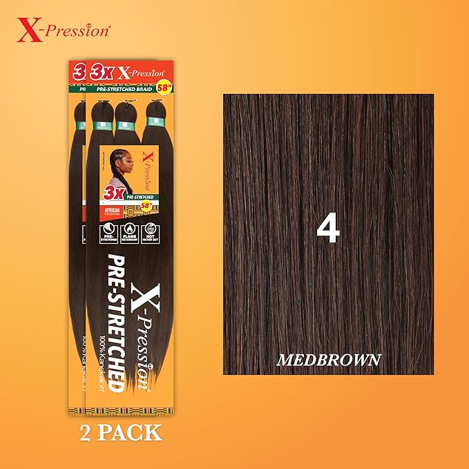 Sensationnel X-pression prestretched braiding hair - 3x braid 58 inch all kanekalon flame retardant synthetic braid for box braids and twists (2 pack, 4 MEDBROWN)