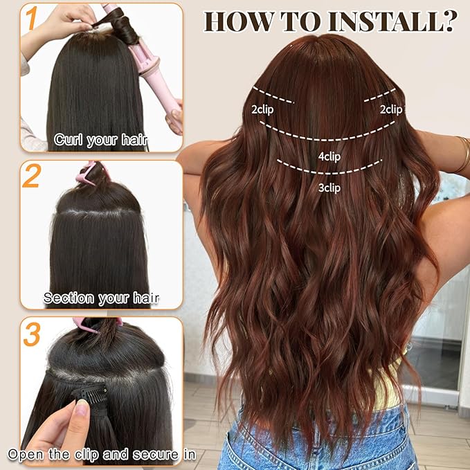 ALXNAN Clip in Long Wavy Synthetic Hair Extension 24 Inch Reddish Brown 4PCS Thick Hairpieces Fiber Double Weft Hair for Women