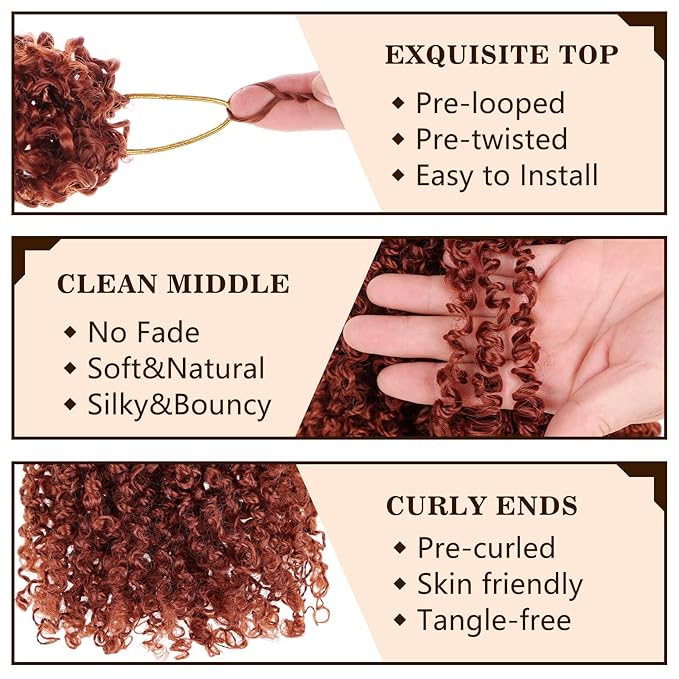 COOKOO 8 Inch Ginger Yanky Twist Crochet Hair 8 Packs (30 Strands/Pcs) Pre-twisted Short Spring Twist Mini Yanky Twist Hair Fluffy Passion Twist Pre-Looped Kinky Curly Crochet Hair for Women (350)