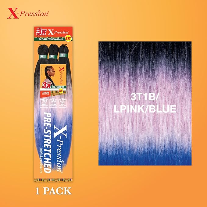 Sensationnel X-pression prestretched braiding hair - 3x braid 58 inch all kanekalon flame retardant synthetic braid for box braids and twists (1 pack, 3T1B/LPINK/BLUE)