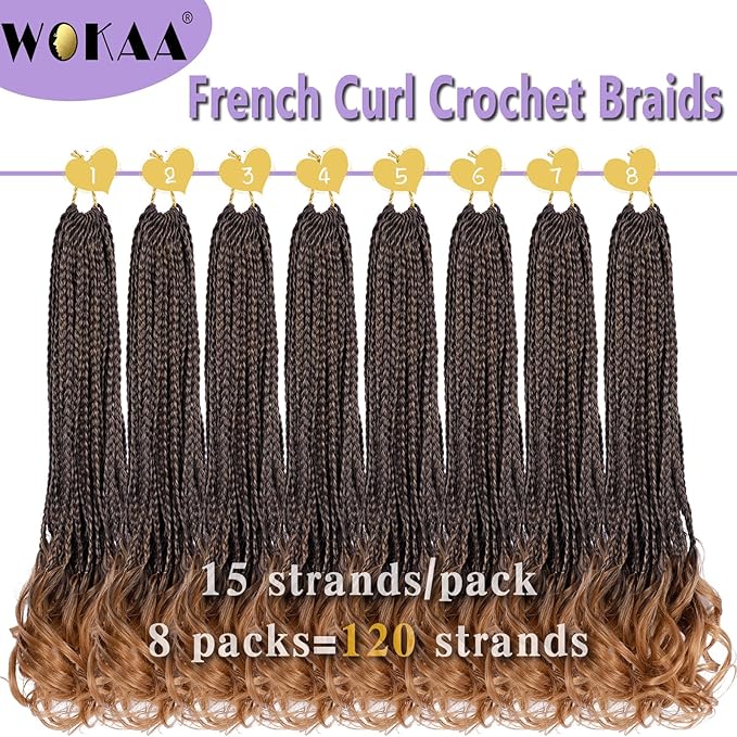 French Curl Crochet Braids 22 Inch 8 Packs Goddess Box Braids Crochet Hair for Women Pre Looped Crochet Box Braid with Curly Ends Synthetic French Curly Braiding Hair Extensions (1B/30)
