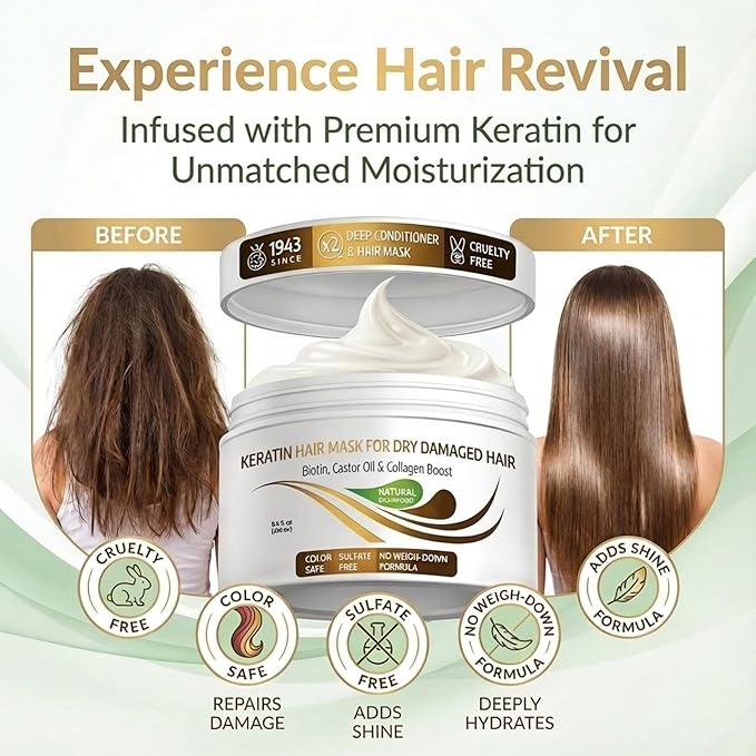 VITAMINS hair cosmetics Keratin Hair Mask - Protein Repair Keratin Treatment - Deep Conditioner for Dry, Damaged, Curly, Straight & Frizzy Hair with Biotin, Collagen & Castor Oil - 13.5 Fl Oz