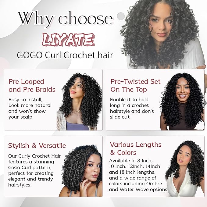 7 Packs Gogo Curl Crochet Hair for Women 8 Inch Pre-Twisted Curly Crochet Hair Pre Looped Deep Ocean Water Wave Beach Curl Crochet Braids Synthetic Braiding Hair Extensions (8 Inch, 1B)