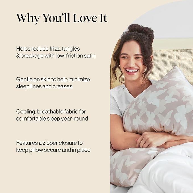 Kitsch Satin Pillowcase with Zipper for Hair & Skin, Softer Than Silk Pillow Cases Queen, Wrinkle-Free, Smooth and Cooling Satin Pillow Covers, Standard Size 19"x26", Champagne Butterfly