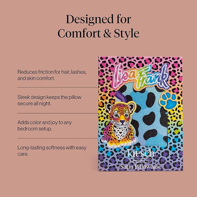 Kitsch x Lisa Frank Satin Pillowcase with Zipper for Hair & Skin, Softer Than Silk Pillow Cases Queen, Wrinkle-Free, Smooth and Cooling Satin Pillow Covers Standard/Queen Size 19x26 - Rainbow Leopard