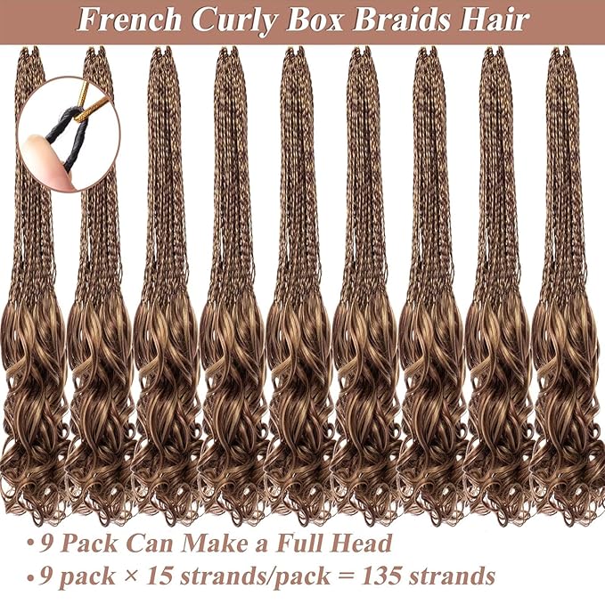 18 Inch French Curl Crochet Braids 9 Packs Goddess Box Braids with Bouncy Wavy Ends Honey Blonde Mix Brown Pre Looped Crochet Hair Synthetic French Curly Braiding Hair for Women