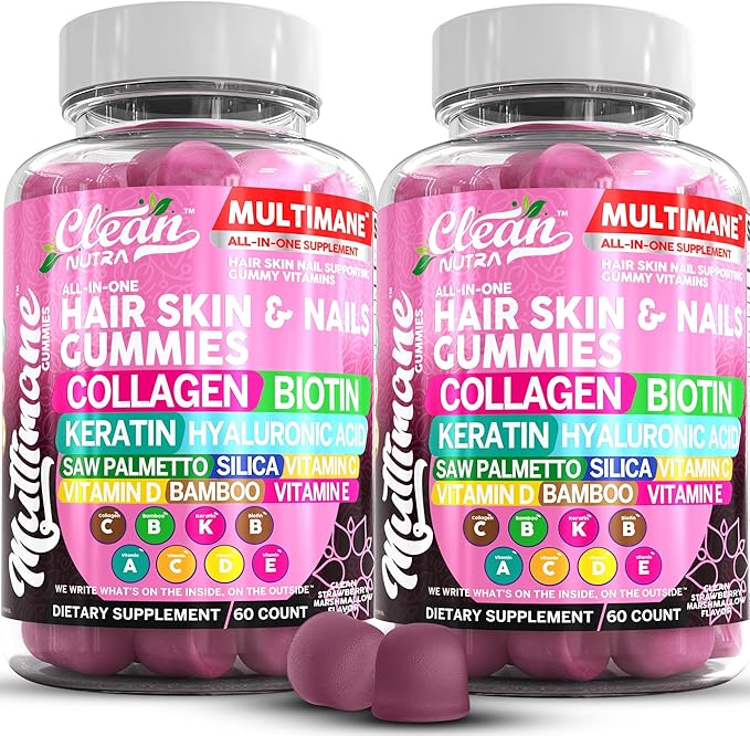 Clean Nutraceuticals Biotin Collagen Keratin Gummies | Hair Skin and Nails Vitamins for Women | Hyaluronic Acid Bamboo Vitamin A C D3 E Folate with Saw Palmetto Silica B3 B12 Vegan Gummy