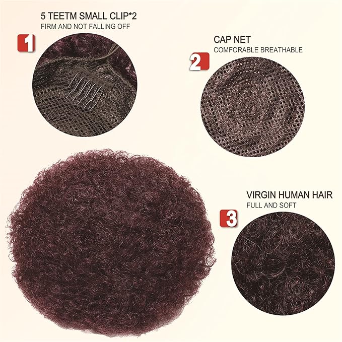 Afro Puff Ponytail Extension Wigs for Black Woman, 99J Burgundy 100% Human Hair 8 Inch Afro Puff Curly Kinky Drawstring Ponytail Bun Short Hair Extensions Clip On Ponytail Bun Hairpieces Updo Wigs