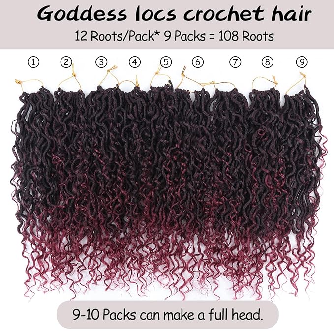 Goddess Locs Crochet Hair,Vemet 16 Inch 9 Packs Synthetic Faux Locs Crochet Hair for Black Women,River Locs Hair Extensions Boho Style Pre looped Faux Locs with Curly Ends