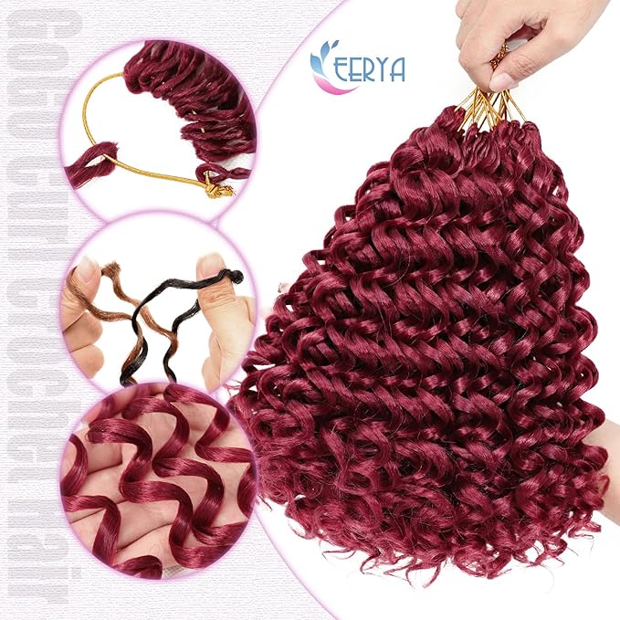 7 Packs GoGo Curl Crochet Hair 10 Inch Short Curly Crochet Hair for Women Burgundy Water Wave Beach Curl Deep Twist Crochet Braids Synthetic Braiding Hair Extensions (10 Inch, Burgundy)