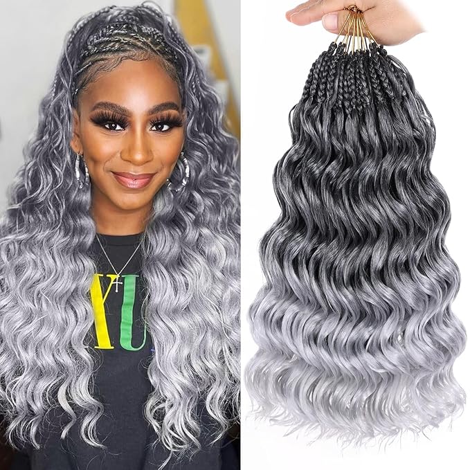 Leeven 14 Inch Pre Looped Curly Crochet Hair 8 Packs Ombre Gray Boho Ocean Wave Crochet Hair Short Ocean Braids Deep Wavy Synthetic Hair for Women